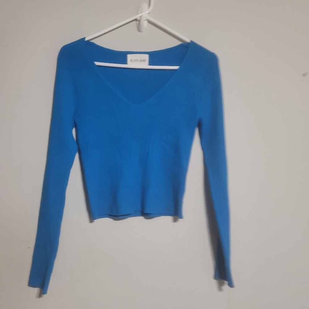 Olive &‎ Oak Medium Blue Shirt Top Ribbed Lonf Sleeve Plunging Stretch Excellent